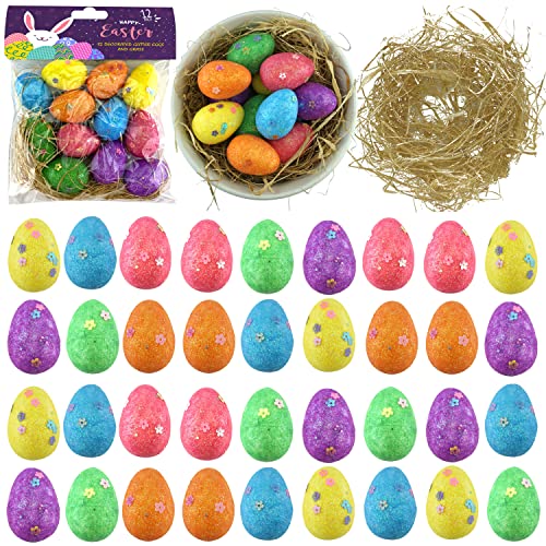 SRVertex Lot de 36 œufs de Pâques à paillettes avec herbe, en mousse de polystyrène faites à la main pour loisirs créatifs, décoration de Pâques (36 œufs avec herbe)