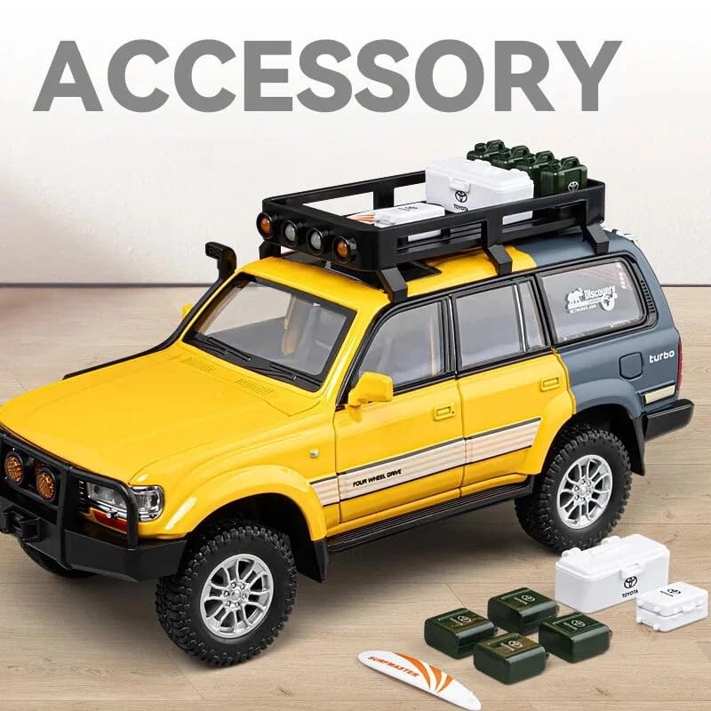 Image of 1:24 Scale Diecast Land Cruiser LC80 Model Car - Metal Pull Back Toy with Opening Doors, Lights & Sounds - Collectible Toy SUV for Boys Age 3-8, Certified Safe Gift for Kids (Yellow)