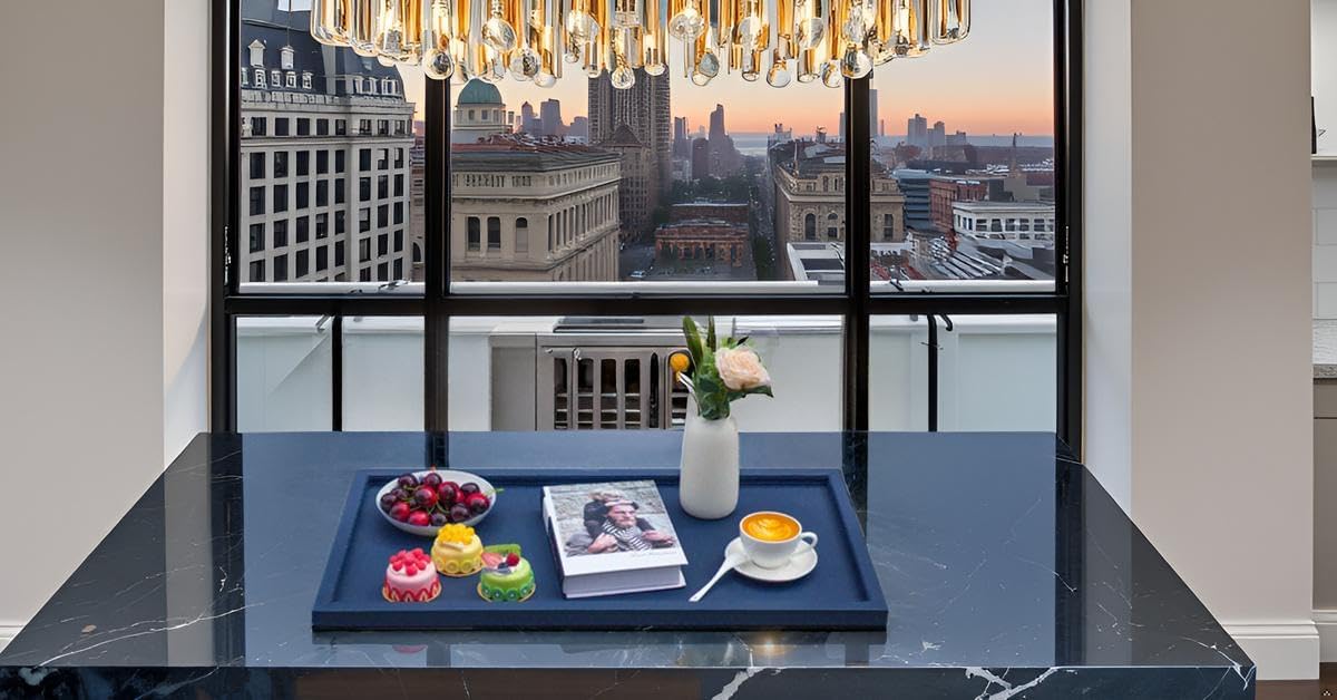 30 * 16 Inch Rectangular Ottoman Tray | Textured PU Leather, Waterproof & Heat-Resistant Storage for Coffee/Dining Tables, Sofa, Bed, Entertainment & Party (Navy Blue, 30 * 16in) Navy Blue 30" x 16" x 1.1"