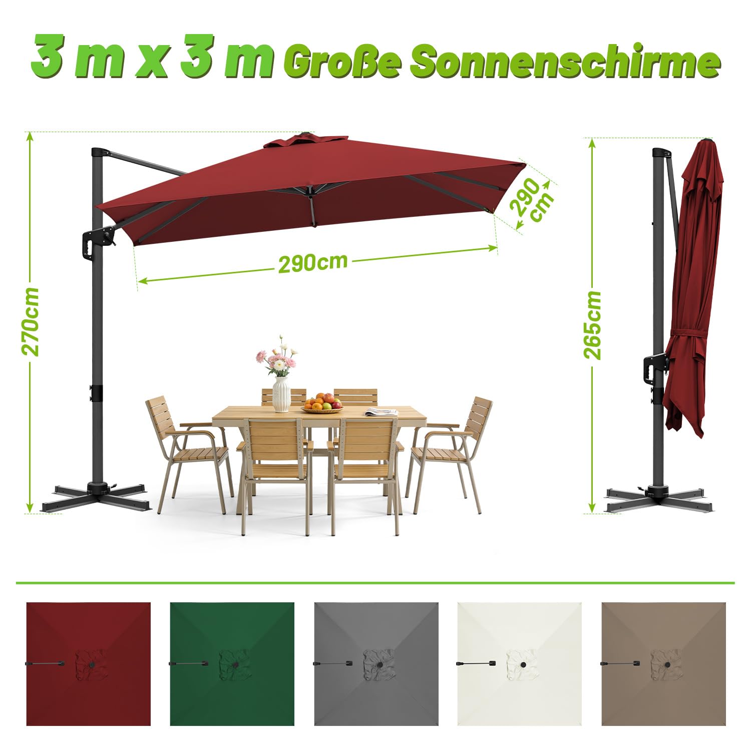 300 x 300 cm, duży parasol przeciwsłoneczny LED, parasol ogrodowy z korbą, obracany o 360° i przechylany, UV50+, parasol tarasowy z aluminiową ramą, do ogrodu, na taras