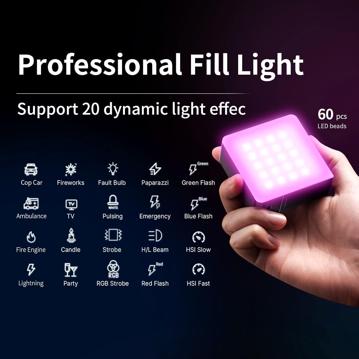 ULANZI VL49 Pro RGB Video Light showing various scene modes like Cop Car, Fireworks, and Lightning.