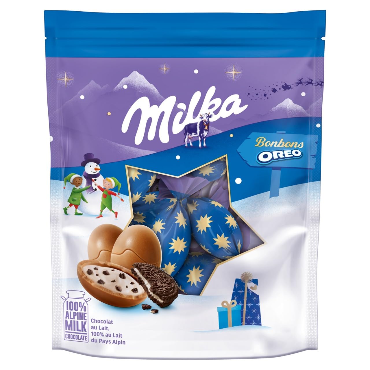 Milka Navidad Huevos de Chocolate con Leche de los Alpes Relleno de Trocitos de Galleta Oreo, Edición Especial Navidad - 86 g