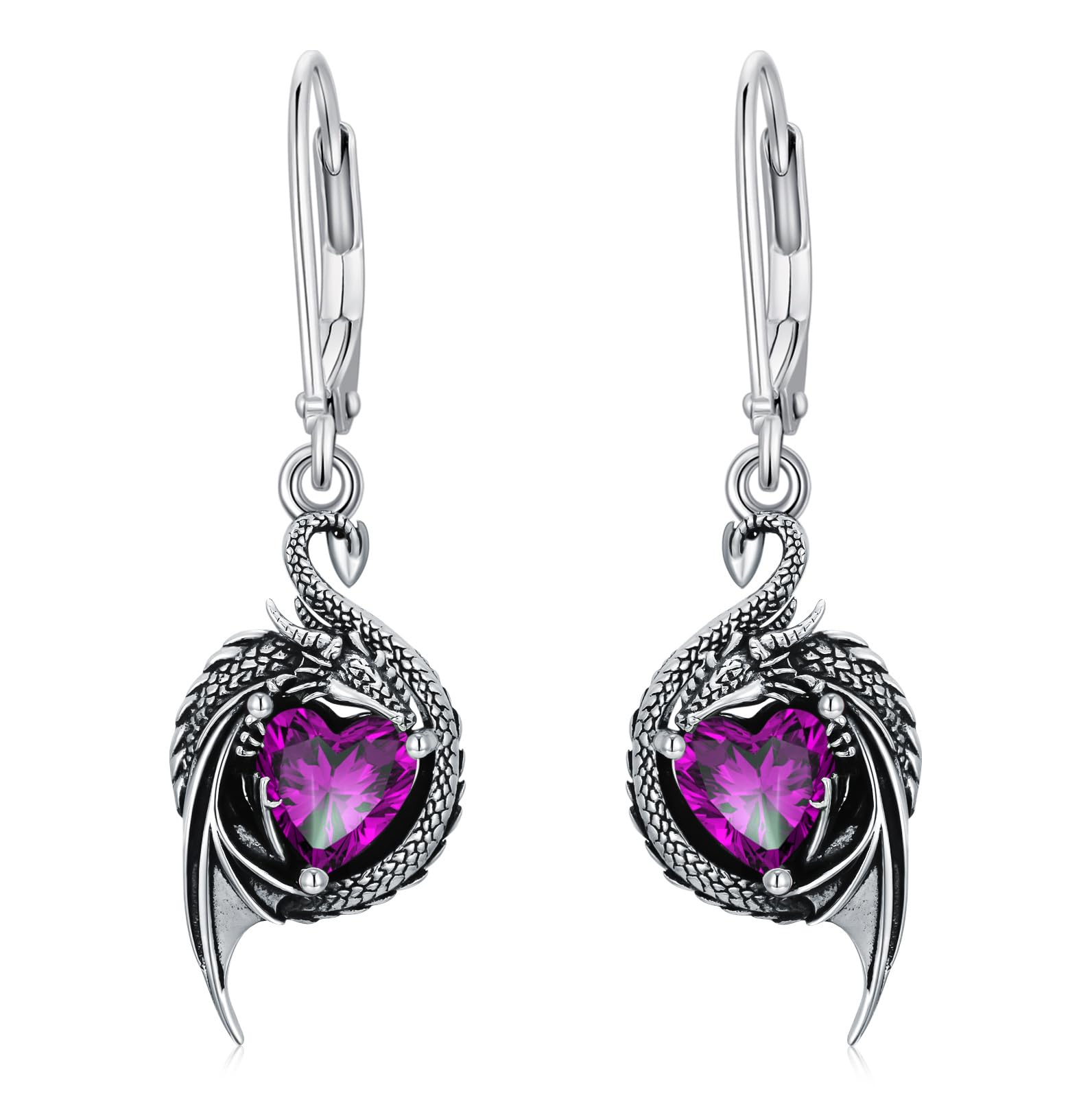 LONAGO Pendientes de Dragón para Mujer Plata de ley 925 Dragón con Corte de Corazón Piedra de Nacimiento Pendientes Colgantes