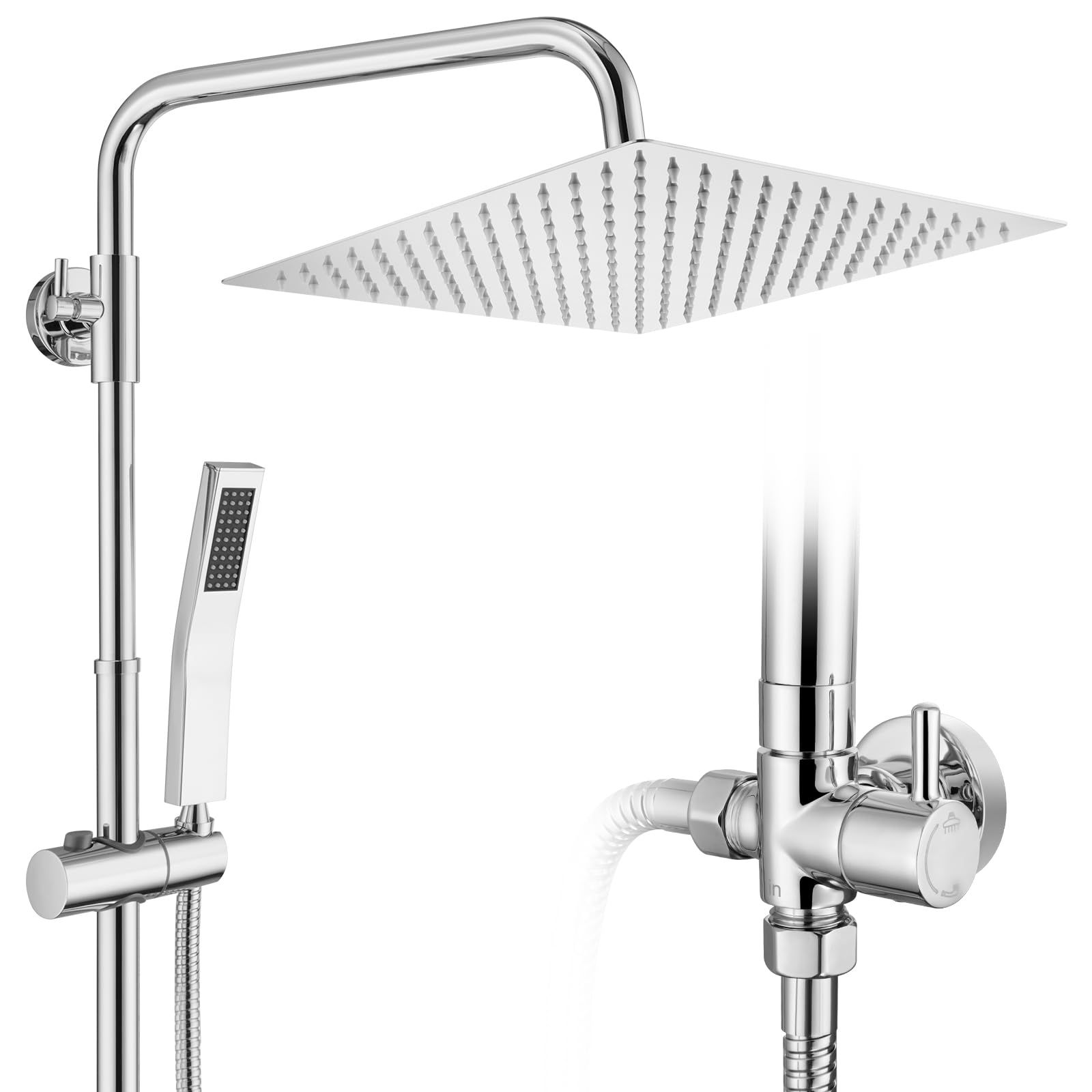 Auralum Colonna Doccia senza Miscelatore, Colonna Doccia Acciaio Inox con Saliscendi Doccia Altezza Regolabile 72-110cm, Asta Doccia con Soffione e Doccetta, Doccia Soffione con Doccetta Cromo 25x25cm
