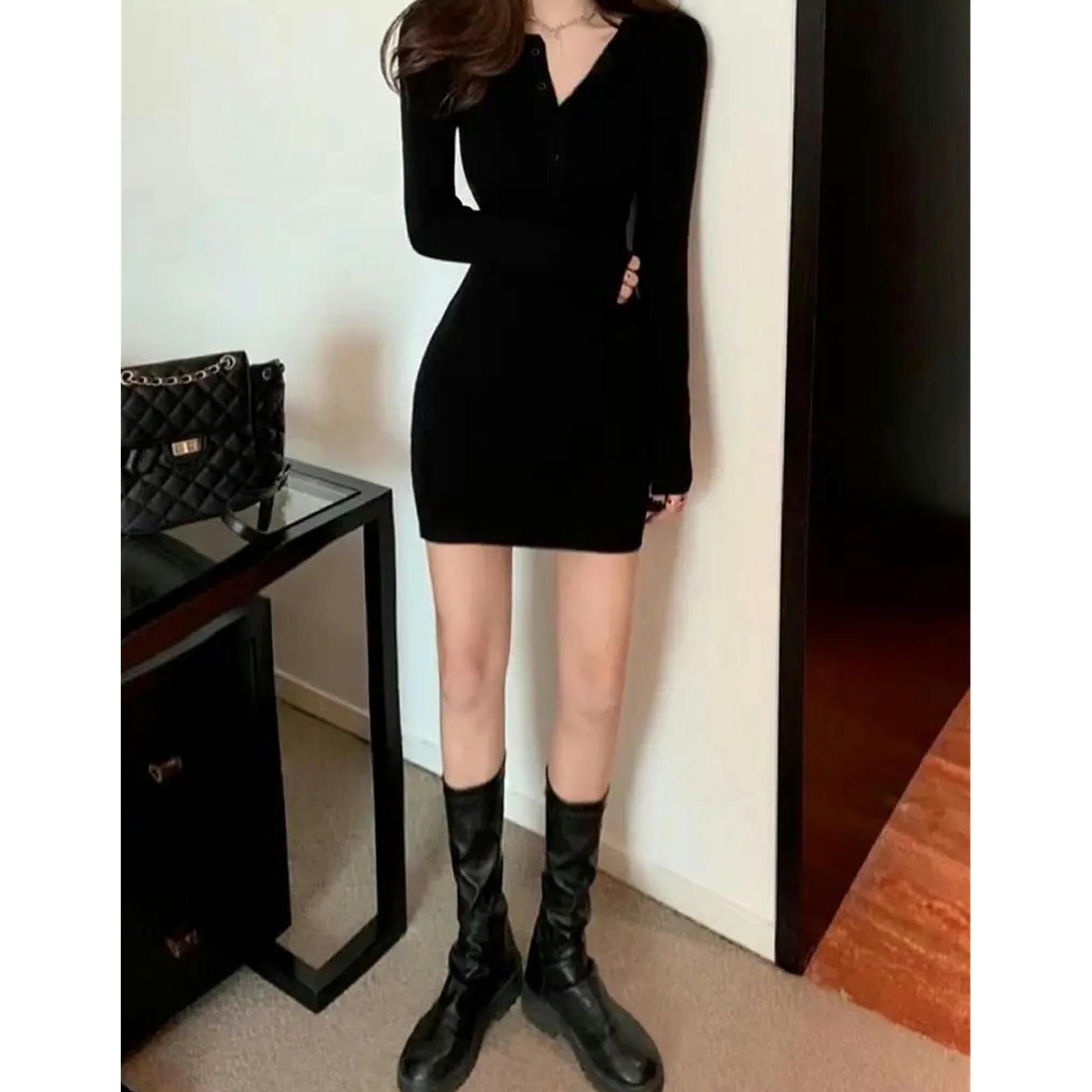 Vestito Mini Abito Inverno Autunno Donna Vccuggino A Villetto Sexy Maglione Elegante Abiti da Corpo Eleganti Abiti A Manica Lunga Gonna Corta-Nero-l