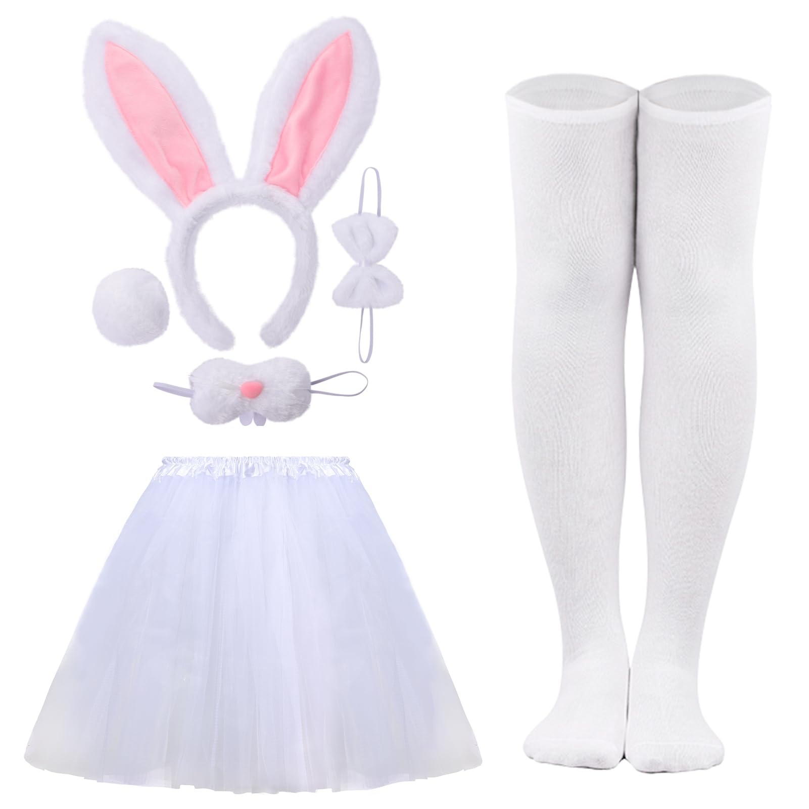 CHUANGLI 6 PCS Women Bunny Costume Set Included Rabbit Ears Headband Nose Bowtie Tail Tutu Skirt and Stocking for Halloween Easter Party Cosplay Dress Up