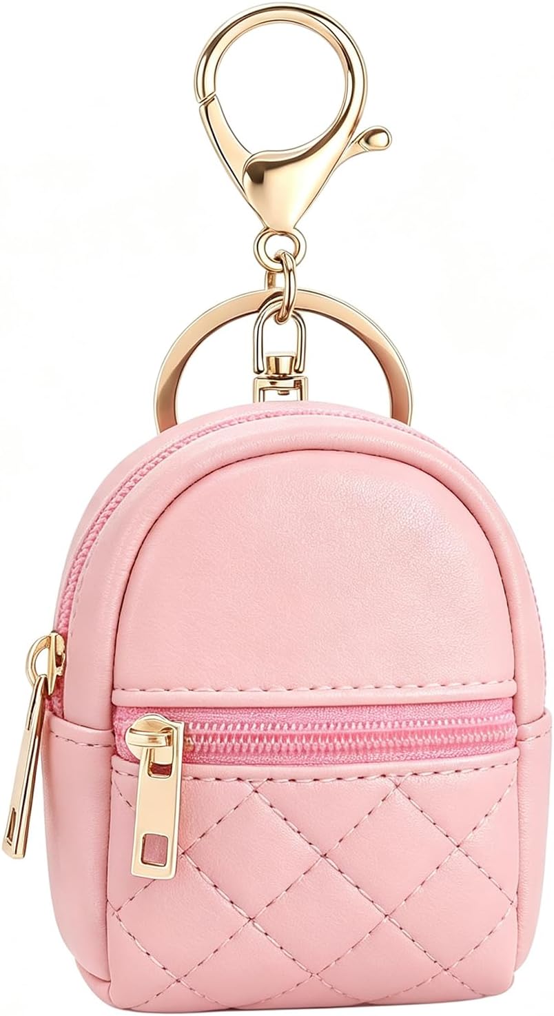 Mini Backpack Keychain,Pink Faux Leather Cute Cosmetic Bag Charm