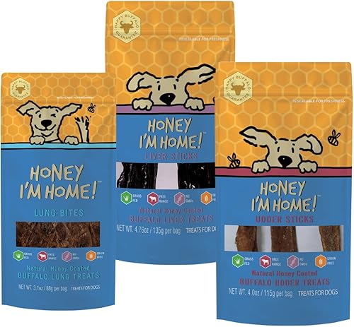 Honey I'm Home Palitos de hígado, palitos de ubre y mordeduras de pulmón para perros, paquete variado de aperitivos pequeños