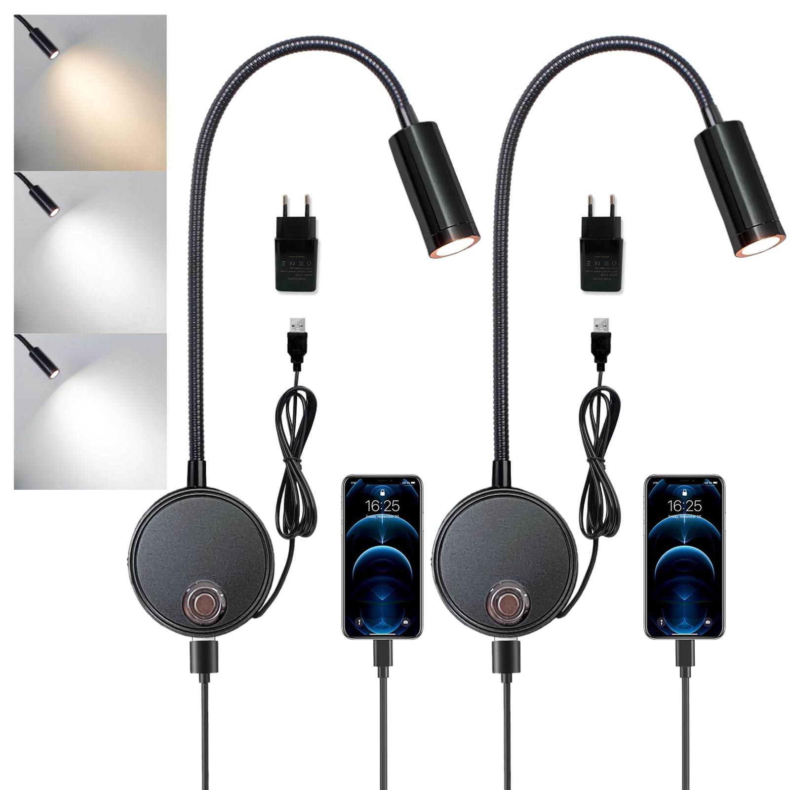 2 pezzi 3W Applique da Parete interno, Lampada da Lettura Muro Dimmerabile Touch con Porta di Ricarica USB, 3000K-6000K LED Luce da Letto Flessibile a Collo di Cigno Illuminazione Comodino, Nero