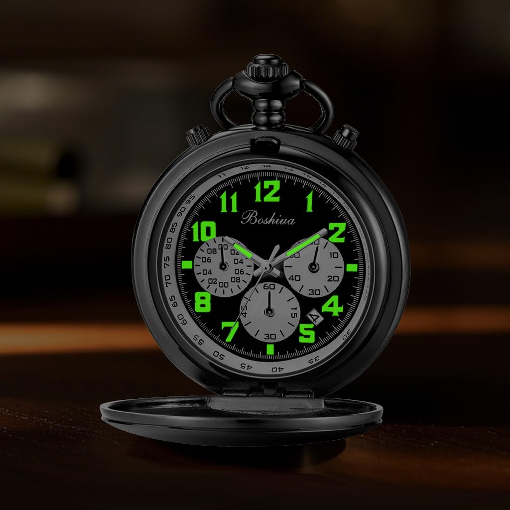 BOSHIYA Orologio da tasca multifunzione con cronometro, calendario, argento, oro, nero, con cinturino