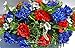 Summer Patriotic Cemetery Flowers with Red Roses, Blue Spider Mums, Blue Roses, and White Forget-me-nots headstone saddle arrangement