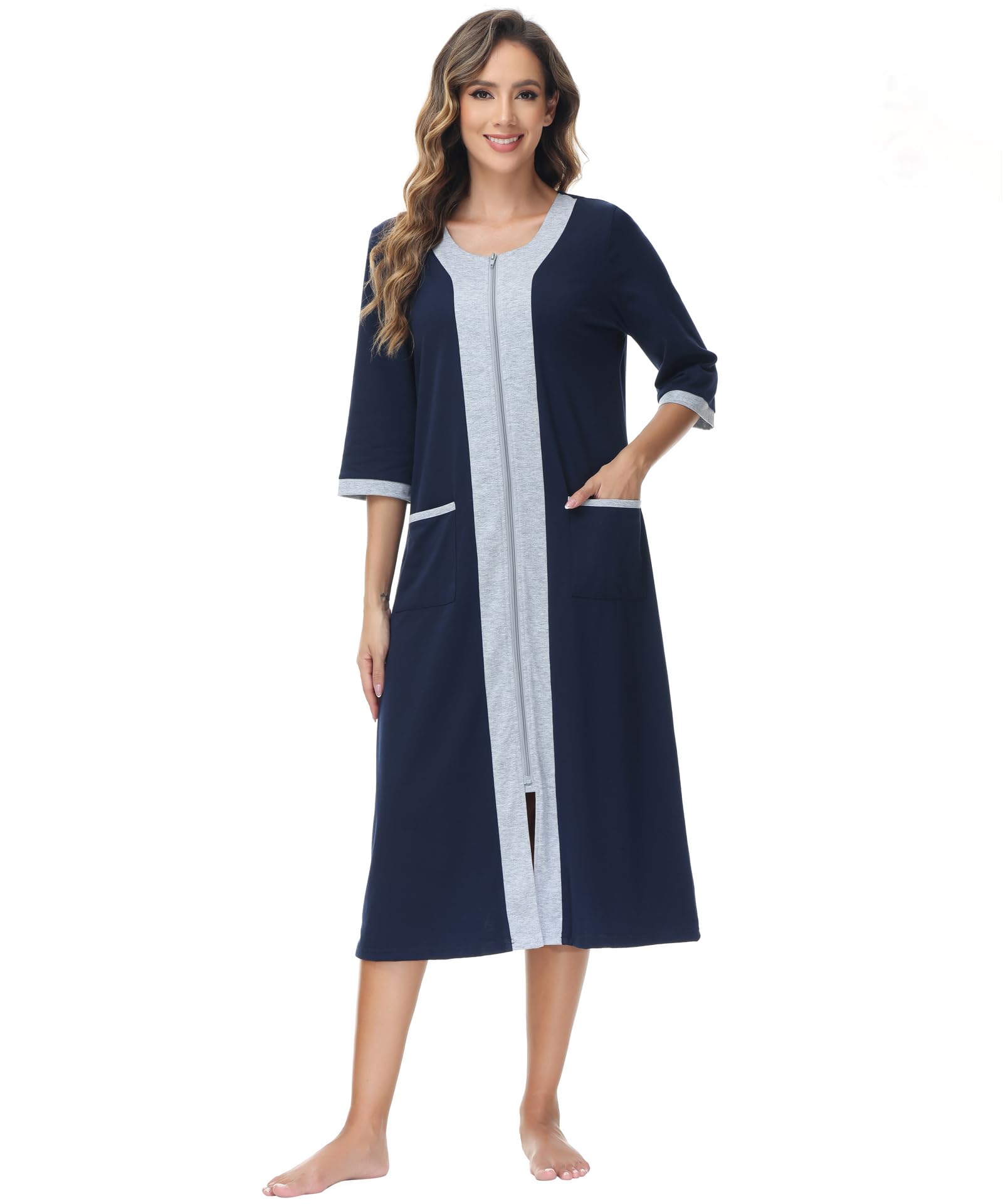 Citridarll Housecoat Women Zipper Front Duster Robe Short Sleeve Lounger Housedress Pockets Nightgown Casual Nights, Navy Blue, XX-Large
