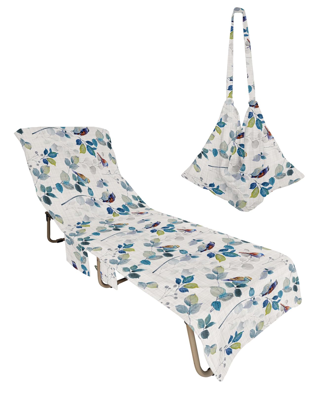 Beach Pool Patio Lounge Chaise Chair Cover Towel with Pockets, Vinatage Leaves Absorbent & Quick Dry Microfiber Towel Cover Bag Summer Travel Accessories for Sunbathing Colored Farmhouse Animal Bird