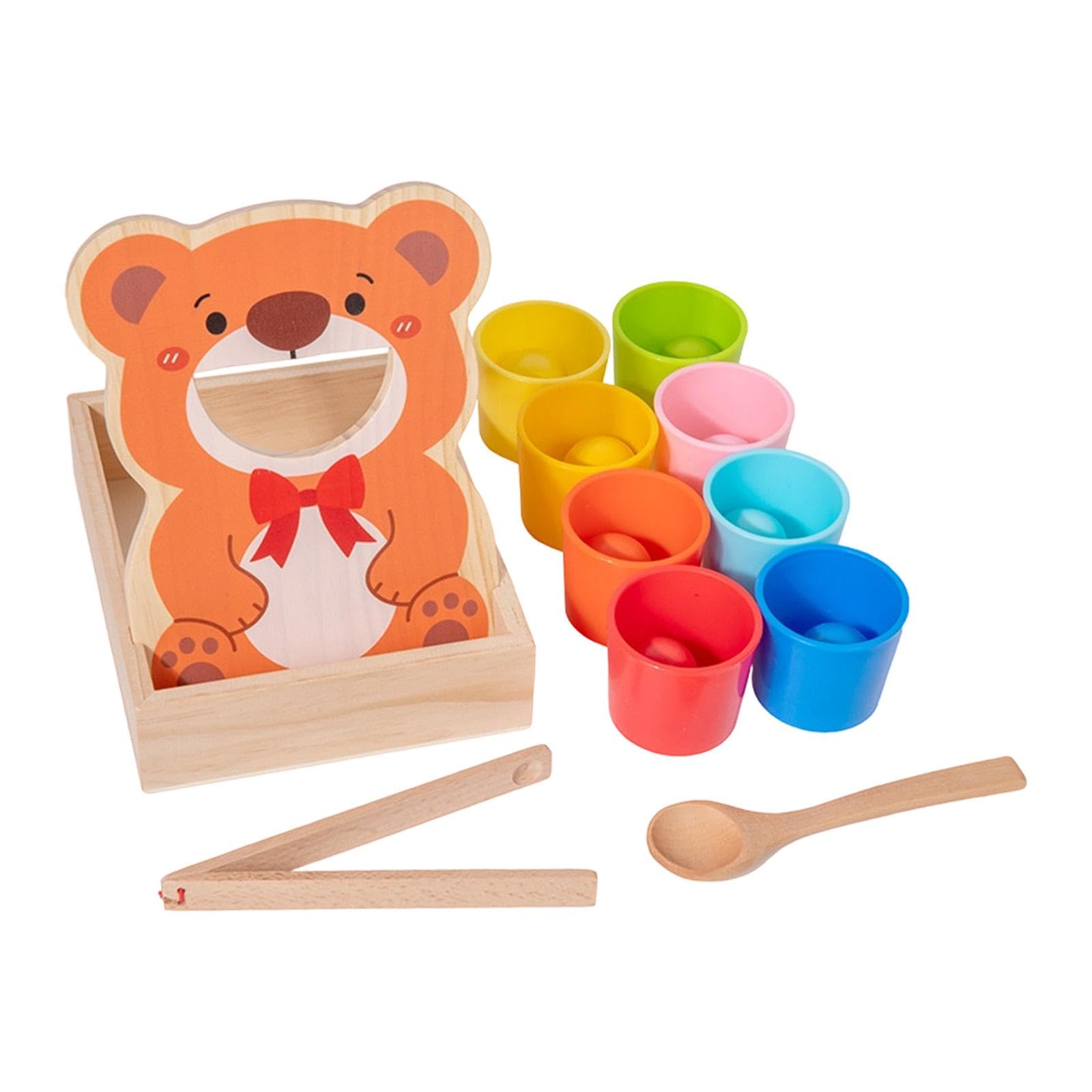 Regenbogen Bälle in Bechern Spielzeug Aus Holz mit Fütterungsspiel Bär Und Besteck für Kleinkinder Vorschulkinder Zur Förderung von Farberkennung Und, mit 8 Kugeln