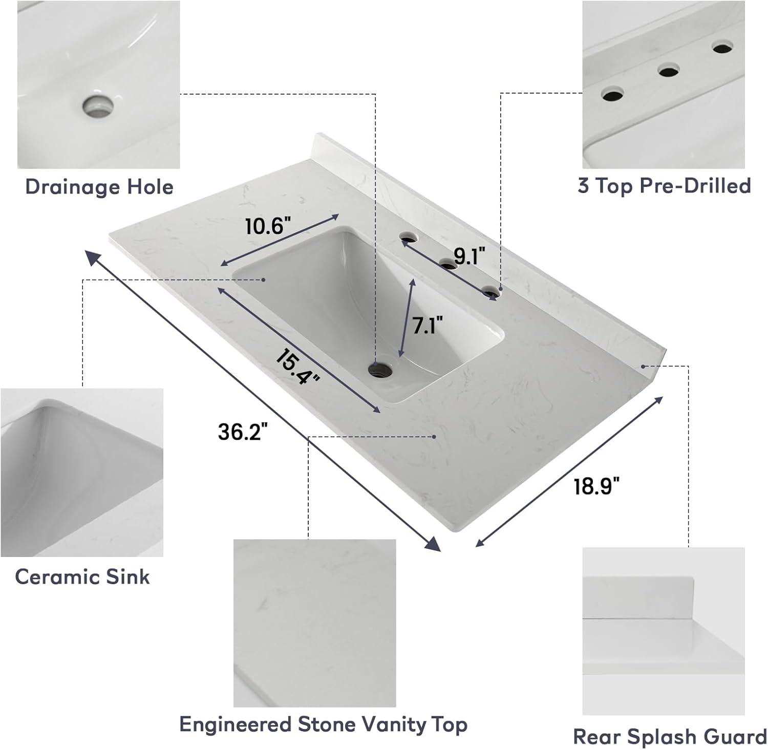 36”W x 18.9”D Engineered Stone Bathroom Vanity Top with Rectangular Undermount Ceramic Sink & Backsplash,Bathroom Vanity Sink Top with 3 Widespread Faucet Holes Countertop for Bathroom,Carrara White