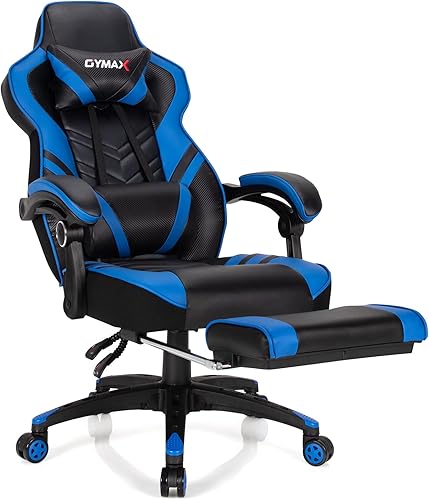 GYMAX Silla para videojuegos, silla ergonómica para computadora con reposapiés, reposabrazos de enlace y cojín lumbar, silla grande y ancha para