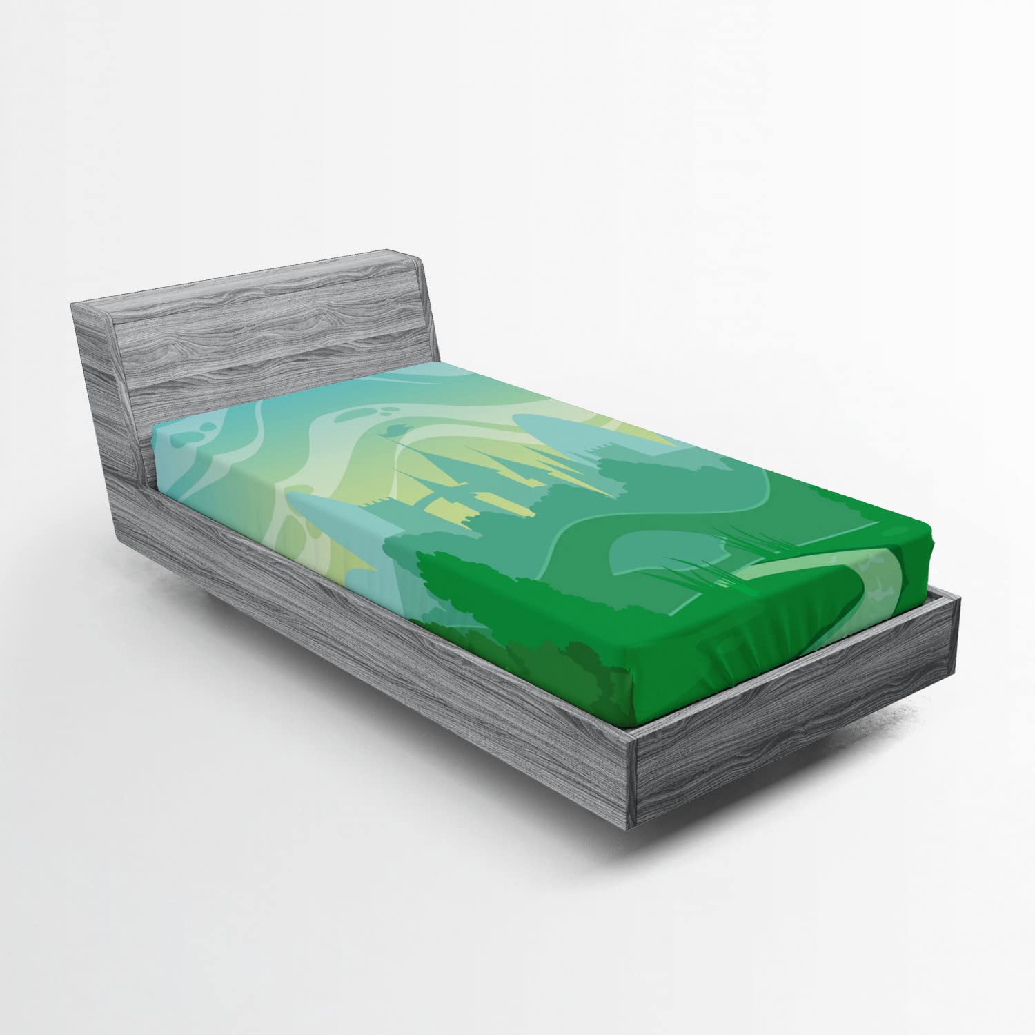 Ambesonne Cartoon 2 Pack Fitted Sheet, Fantasy Morning, Bed Cover All-Round Elastic Deep Pockets 2 Pieces, Package Contains 2 Twin Size Fitted Sheets, Pale Green Fern Green