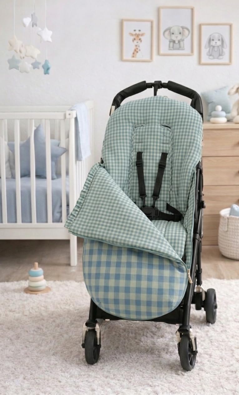 Nenel – Conjunto de Saco Silla de paseo Universal + Bolso Bombonera Personalizado – Conjunto Saco Universal + Bolsa para carrito bordada con nombre – Vichy y Algodón (Cuadros menta/azul empolvado)