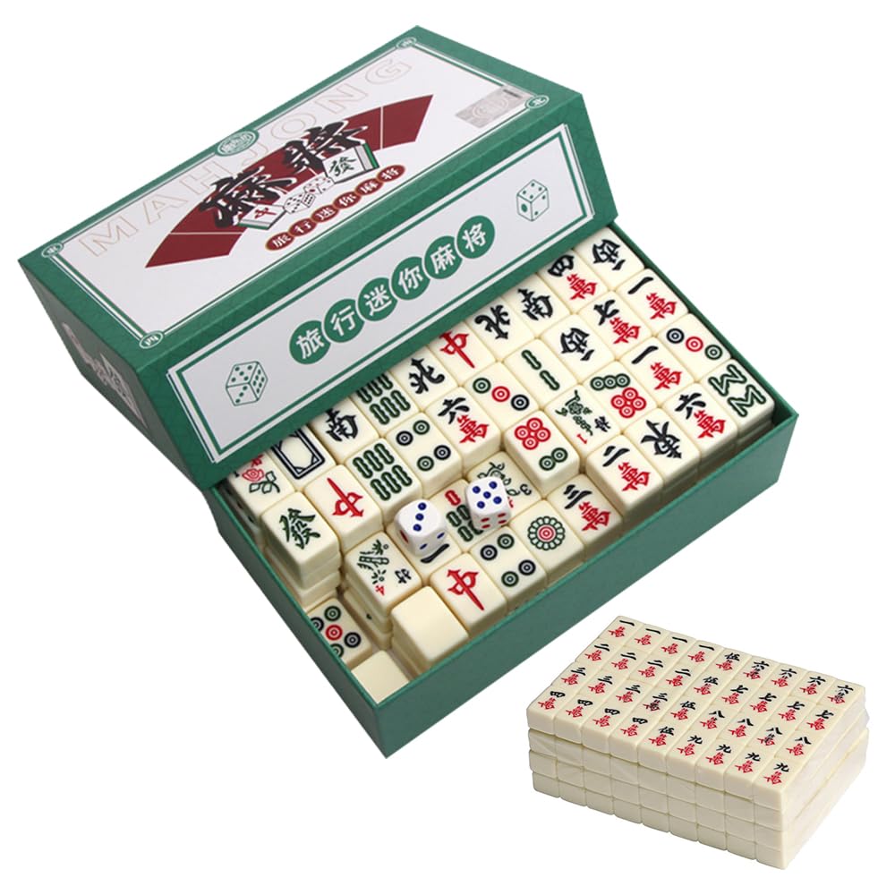Foreverup Mini Mahjong Set, Mahjong Set Portable Chinese Toy, Chinese Traditional Mahjong Set with With Box2 Dice and 144 Mahjong tiles for Leisure Travel Party Family Games