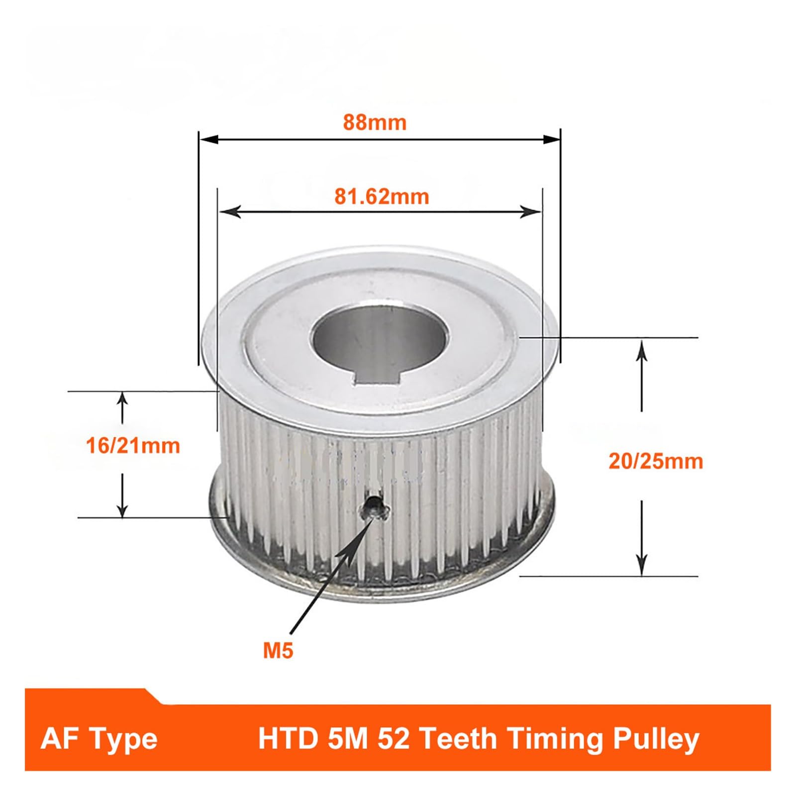 1 pieza HTD 5M 52 dientes polea de sincronización rueda síncrona AF Keyway Bore aluminio polea loca diente ancho 16mm 21mm (Color : 19mm-keyway 6x2.8mm, Size : 21mm)