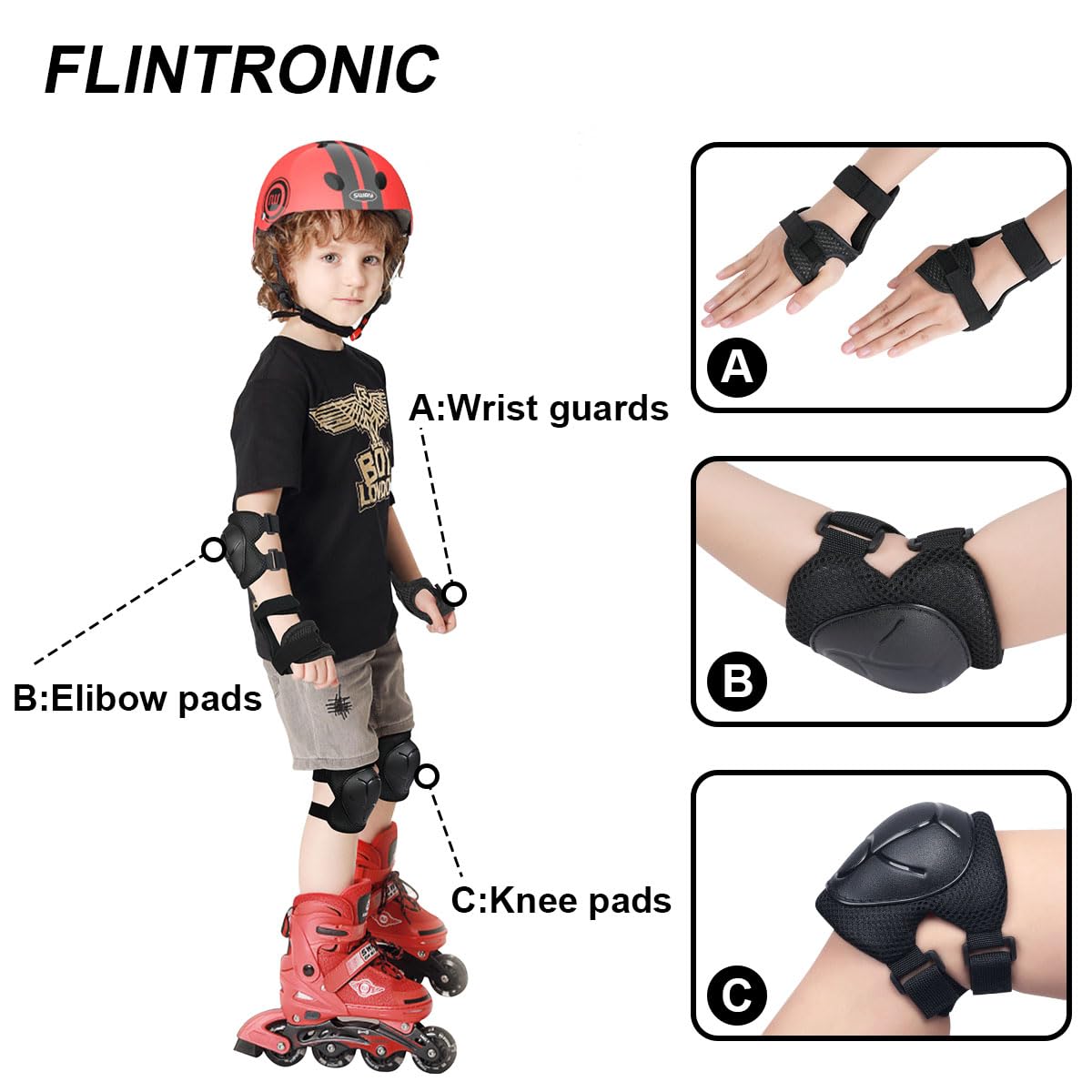 flintronic Ochraniacze na kolana dla dzieci, ochraniacze na nadgarstek, zestaw 6 w 1, wygodne i łatwe w montażu, skuter, deskorolka, rower, ochraniacze na łyżwy, dla dzieci w wieku 3-8 lat