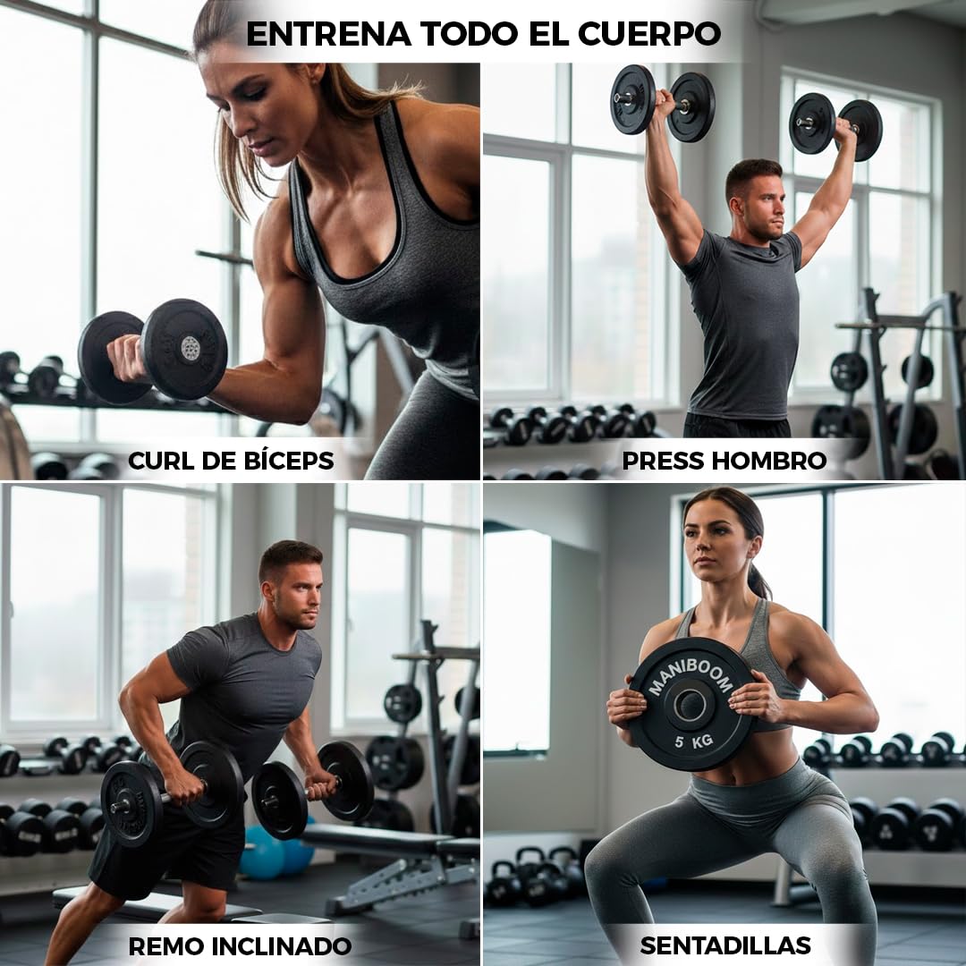 ManiBoom Discos de Pesas de Hierro Fundido (25mm) y Accesorios de Musculación – Sets de Placas y Barras para Gimnasio en Casa (Se Venden por Separado)