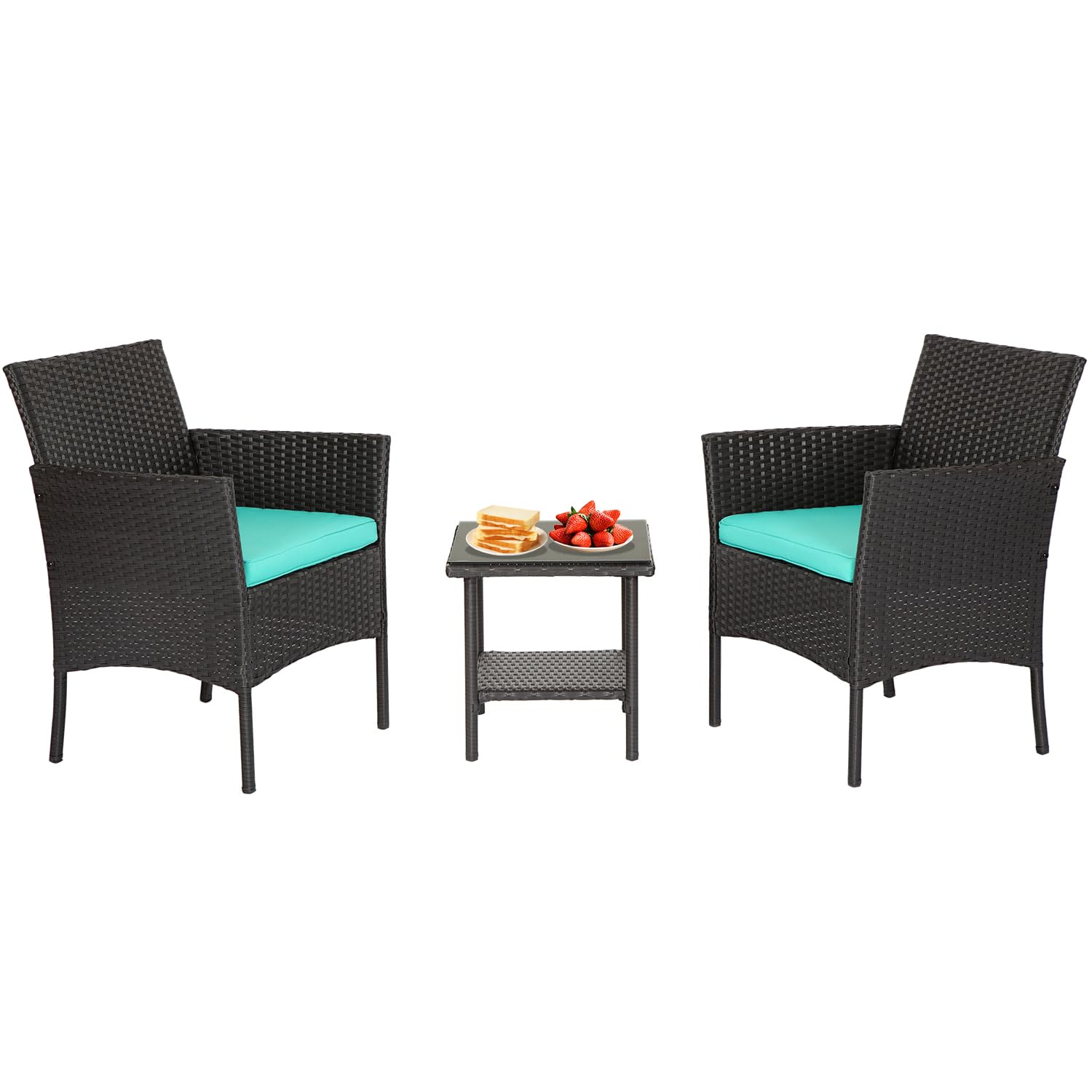 3-piece patio furniture set - outdoor 3-piece rattan seating combo w/cushions & glass coffee table, balcony furniture for porch garden backyard,bistro table and chairs set ((black&blue)