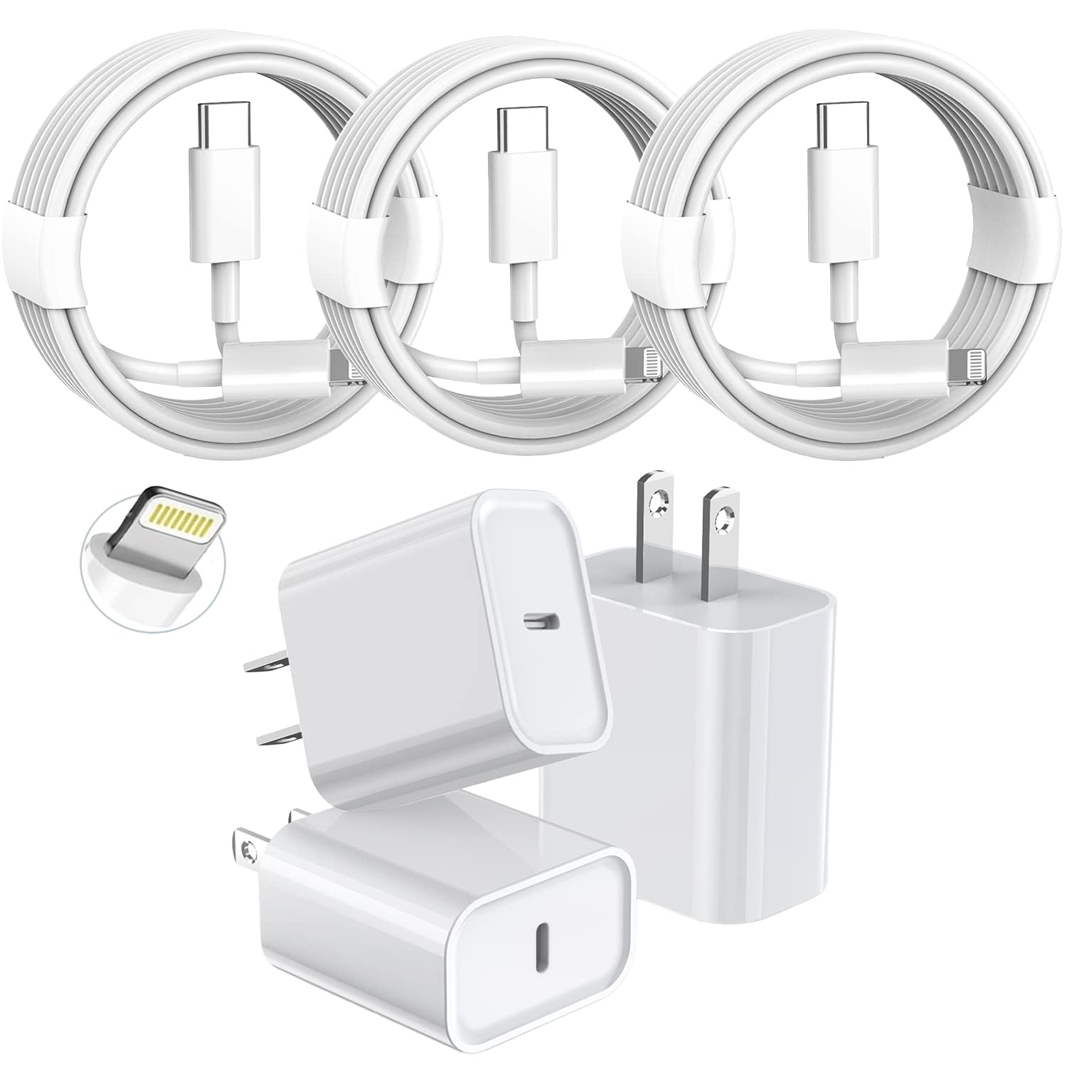 3 Pack Fast Charger iPhone Apple MFi Certified 6FT iPhone Charger Fast Charging USB C Block Wall Adapter