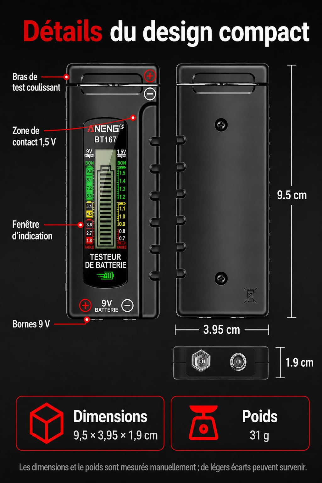 VOBOR Testeur de Piles Numérique Universel, Écran LCD, Battery Tester pour Piles AA AAA C D 9V 1,5V Pile Bouton