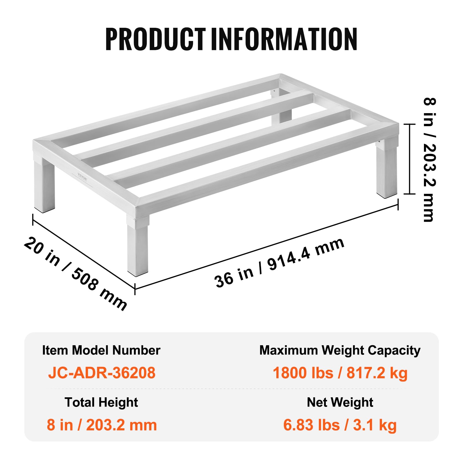 VEVOR Estante de Estiba de Aluminio 91,4x50,8x20,3 cm Estante de Almacenamiento Comercial Carga de 817,2 kg Totalmente Soldada para Almacenamiento de Alimentos en Suelo, en Restaurantes, Garajes