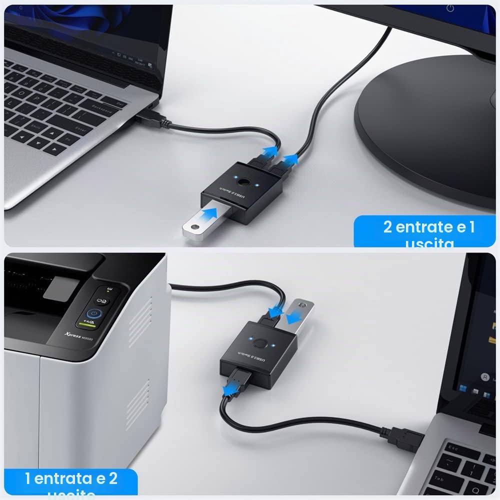 KVM - Selettore di commutatori bidirezionali USB 3.0 da 2 a 1 PC di condivisione o da 1 a 2 hub per tastiera e mouse scanner stampante