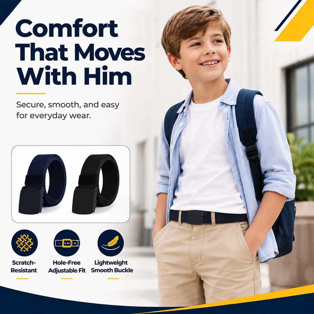 Cinturón Niño 1 Unidad Negro Talla Única, Cinturón De Nylon Con Hebilla Metálica Para Pantalones, Béisbol Y Golf Para Niños