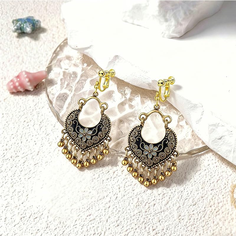 Vintage Boho Statement Clip On Earrings for Women Bohemian Ethnic Handmade Beaded Charms Earring Boho Retro Chandelier Tassel Earrings Mexico Gypsy Jewelry Gift