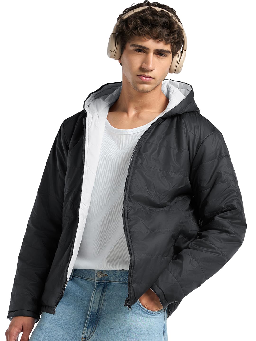 Bewakoof Men's Solid Oversized Fit Full Sleeve Hooded Nylon Reversible Puffer Jacket in neutral