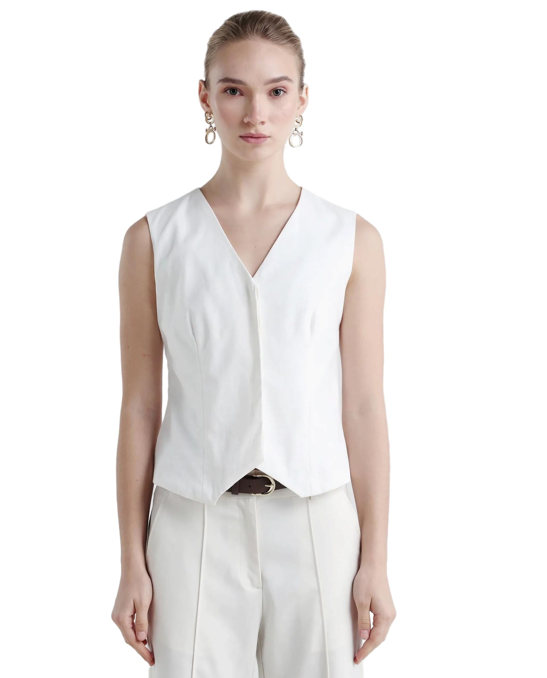 rareism Regular Solid White Cotton V-Neck Sleeveless Coat-picture-13