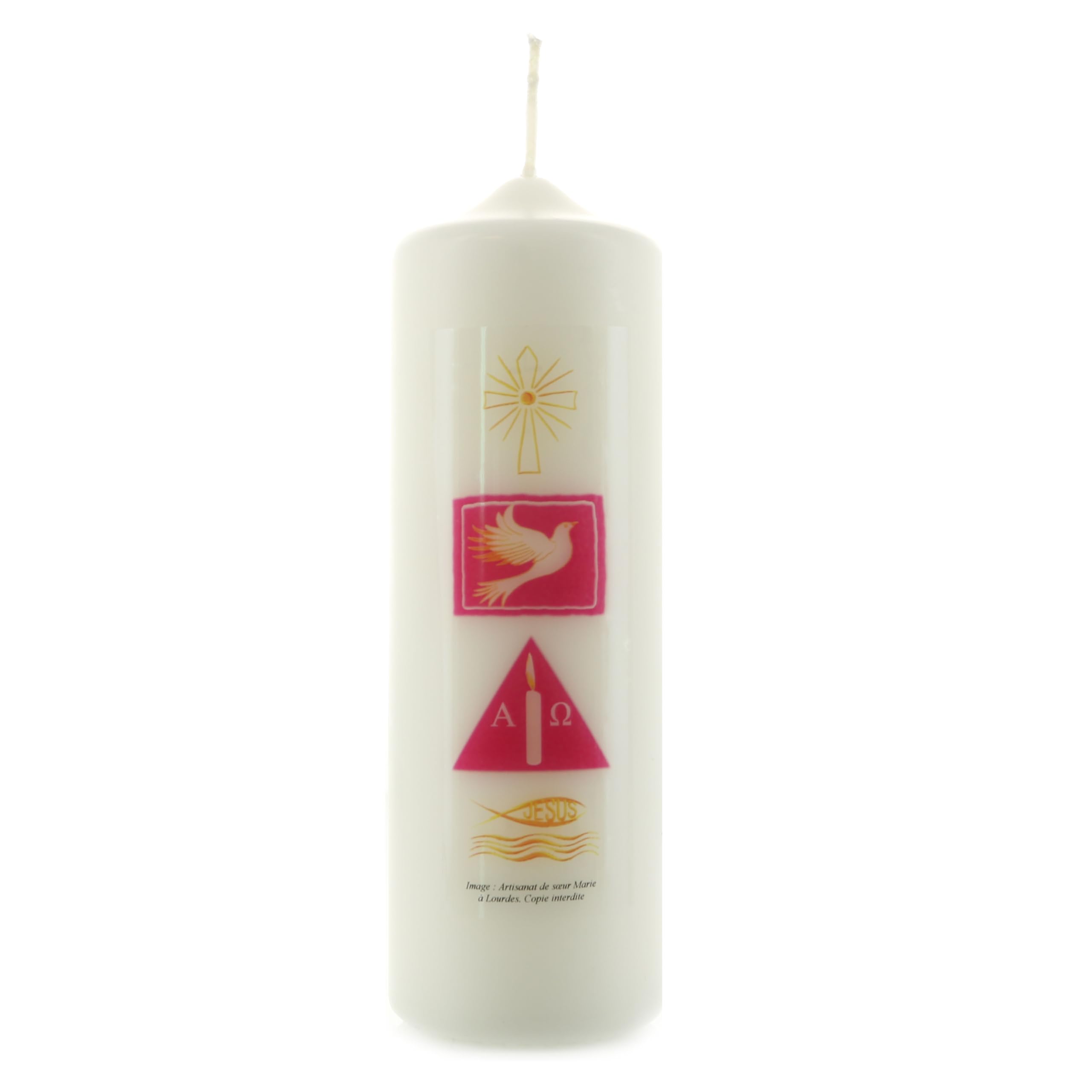 Bougie de Baptême avec symboles religieux 6x18cm - Baptême - Culte Chrétien en Cire végétale