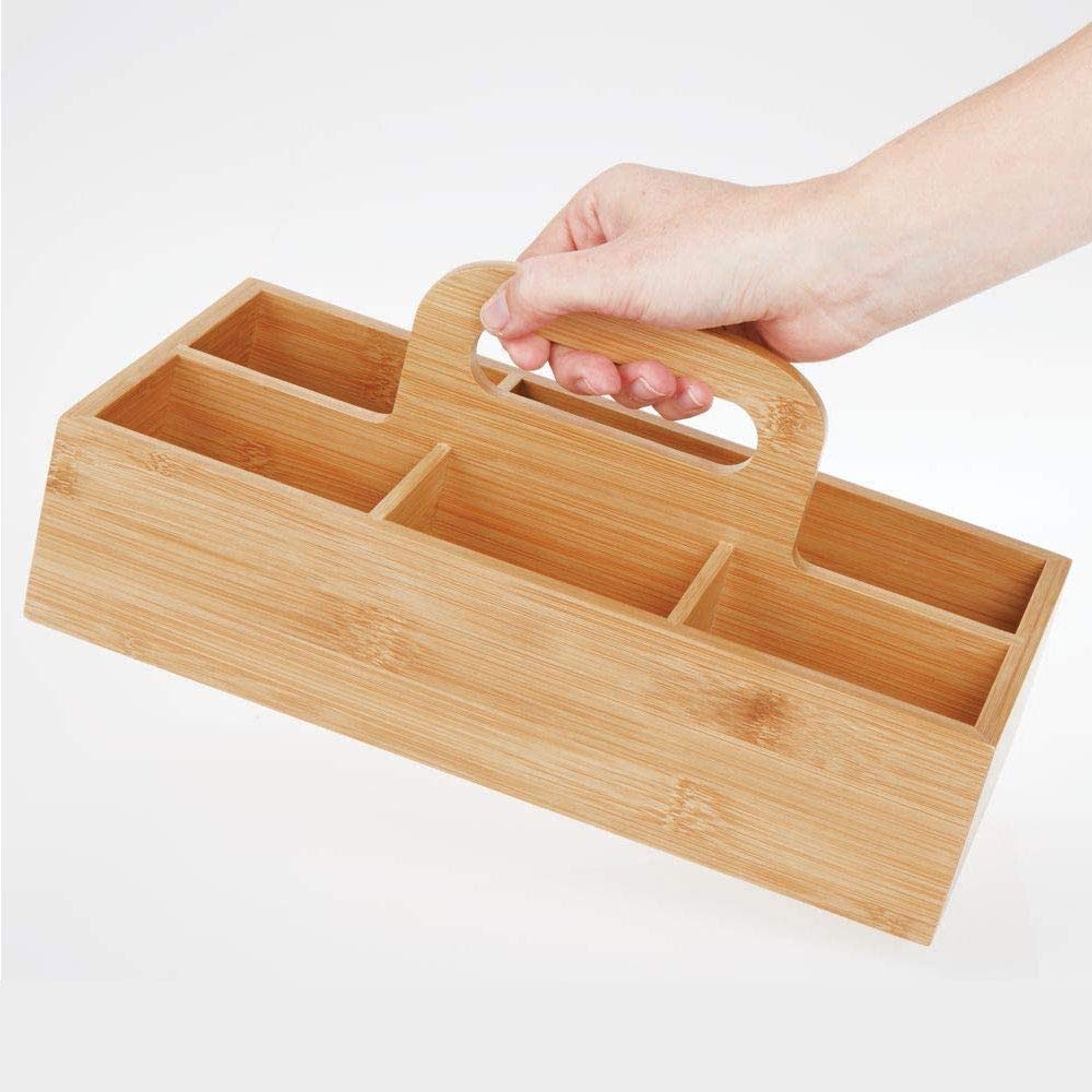 WeProduct Natural Bamboo organizer with handle, 6 Compartments for Kitchen, Bath, Cosmetics, Craft and Office Supplies
