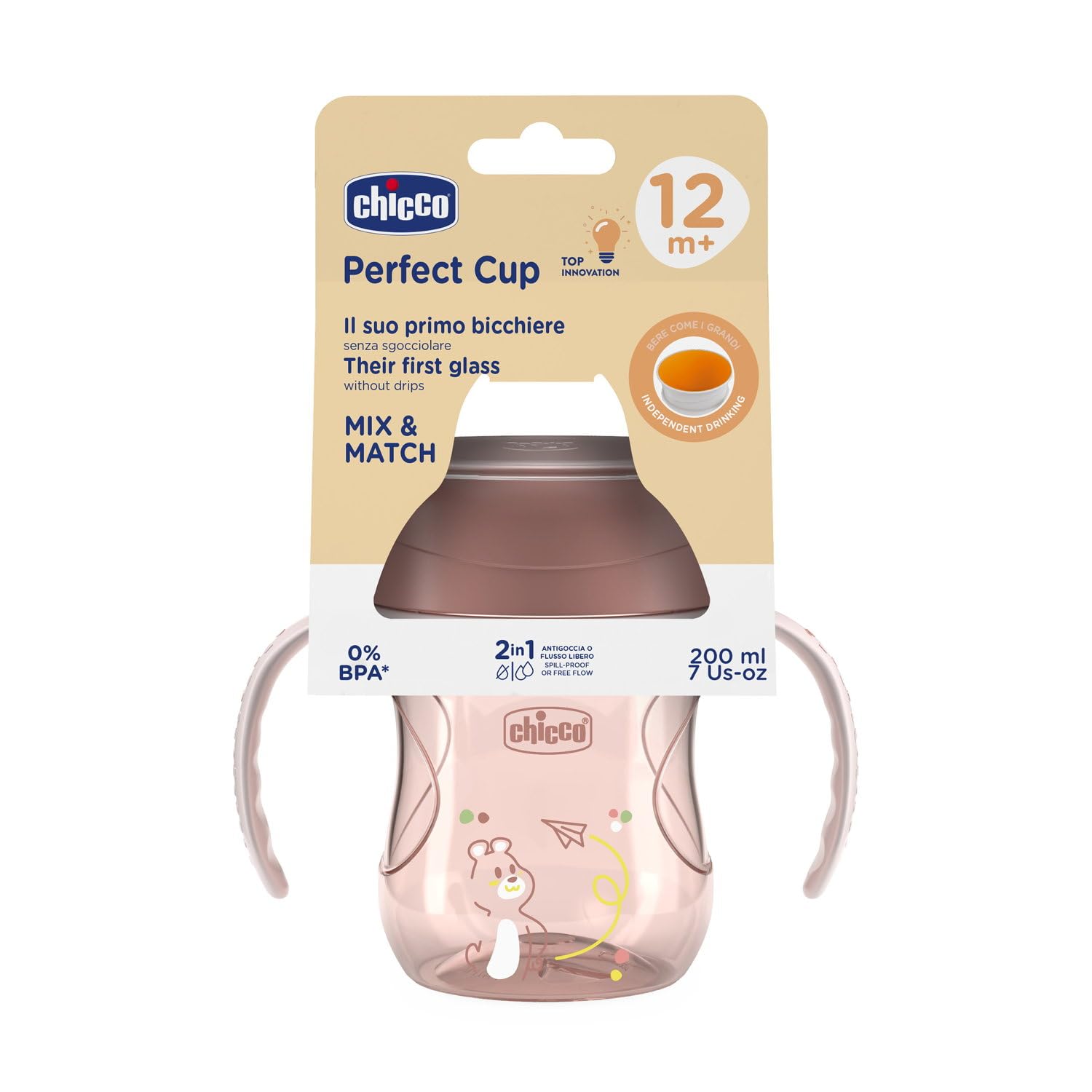 Chicco Perfect Cup Premier Verre pour Enfants 200 ml, 1 Tasse Biberon 12+ Mois pour Apprendre à Boire, avec Membrane en Silicone à 360° et Poignées Amovibles, sans BPA, Rose
