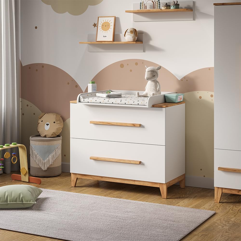 VitaliSpa Fasciatoio Malia, Bianco/Artisan, 108 x 98 cm | con 2 cassetti, con fasciatoio rimovibile per l'utilizzo come cassettiera