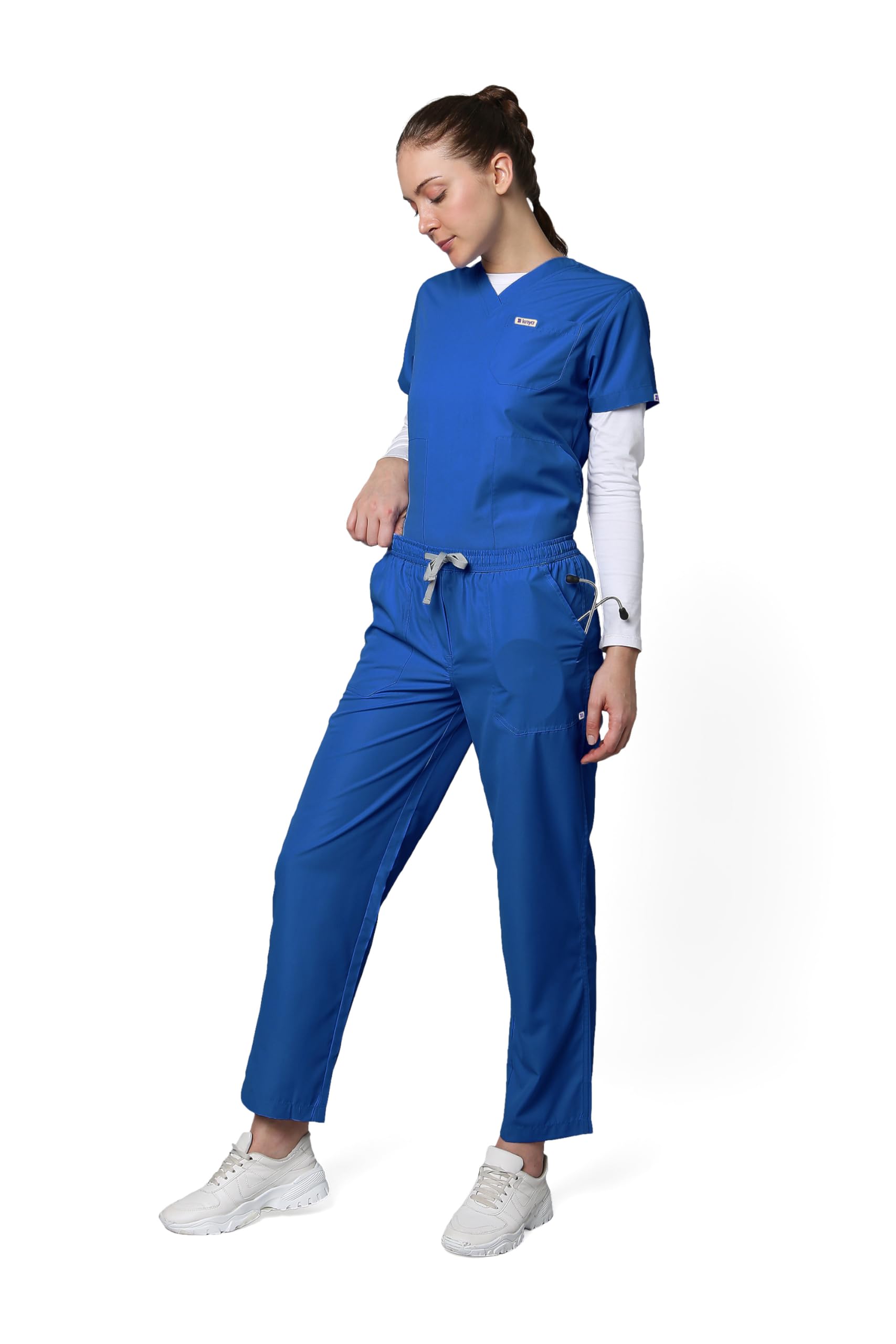 KNYA Classic Women's 5-Pocket New Gen Scrubsuit | V Neck | Flexibile & Comfortable Top & Bottom | Easily Accessible Pockets | Uniform for Doctors.