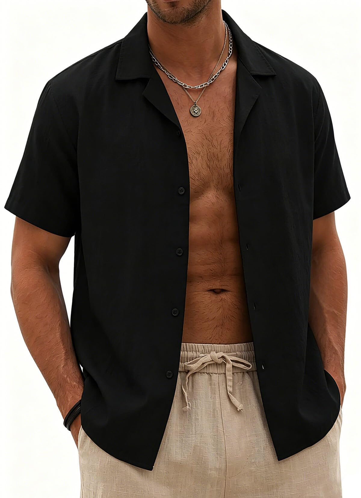 Halfword Leinenhemd Herren Kurzarm Sommer Hemd Strand Shirts | Freizeithemd, Baumwolle Leinen, Einfarbig, Urlaub