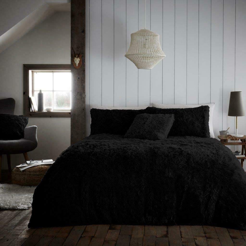 EXQUIZIT HOME® Fleece Teddy Duvet Quilt Cover Bedding Set With Matching Pillowcase Warm & Cosy Hug & Snug Soft Fluffy Bedding Set (Black, Double, 200cm x 200cm)