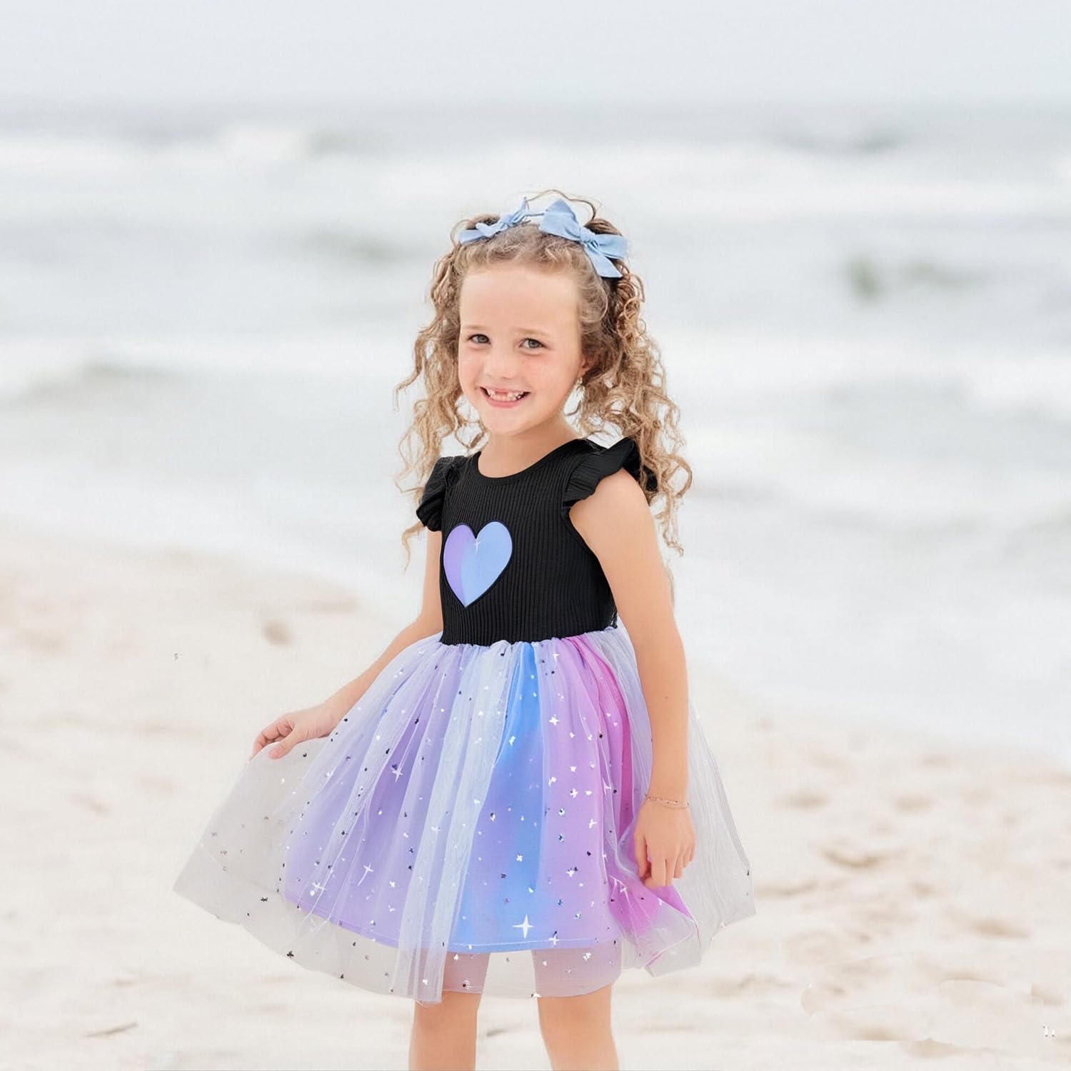 Girls Princess Dress 2-6T Flower Black Tulle Layered Skirt - Toddler Party Dress with Flutter Sleeves - Image 2