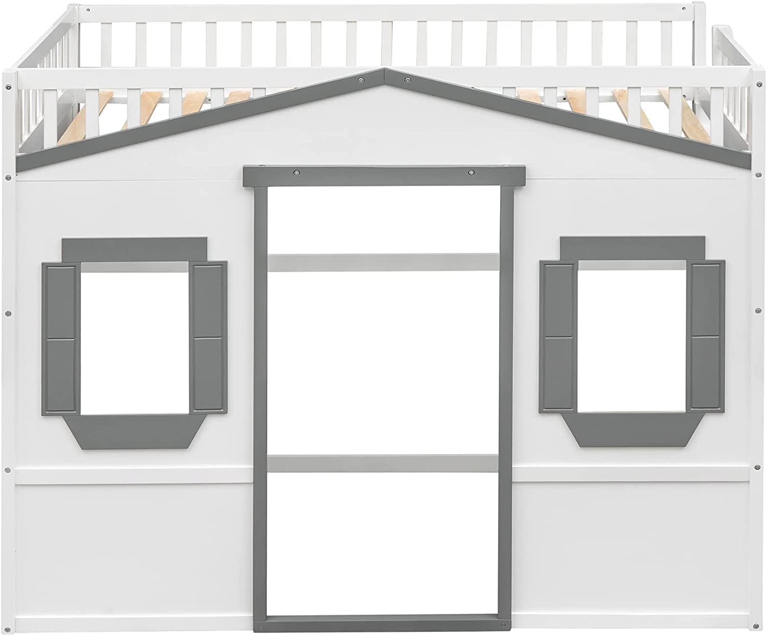 DNYN Twin Size House Loft Bed for Kids Bedroom,Solid Wood Bedframe with Ladder & Safety Guardrail,Underneath Play-House Design & No Box Spring Needed,77.5" x 42.8" x 65", Gray+,White