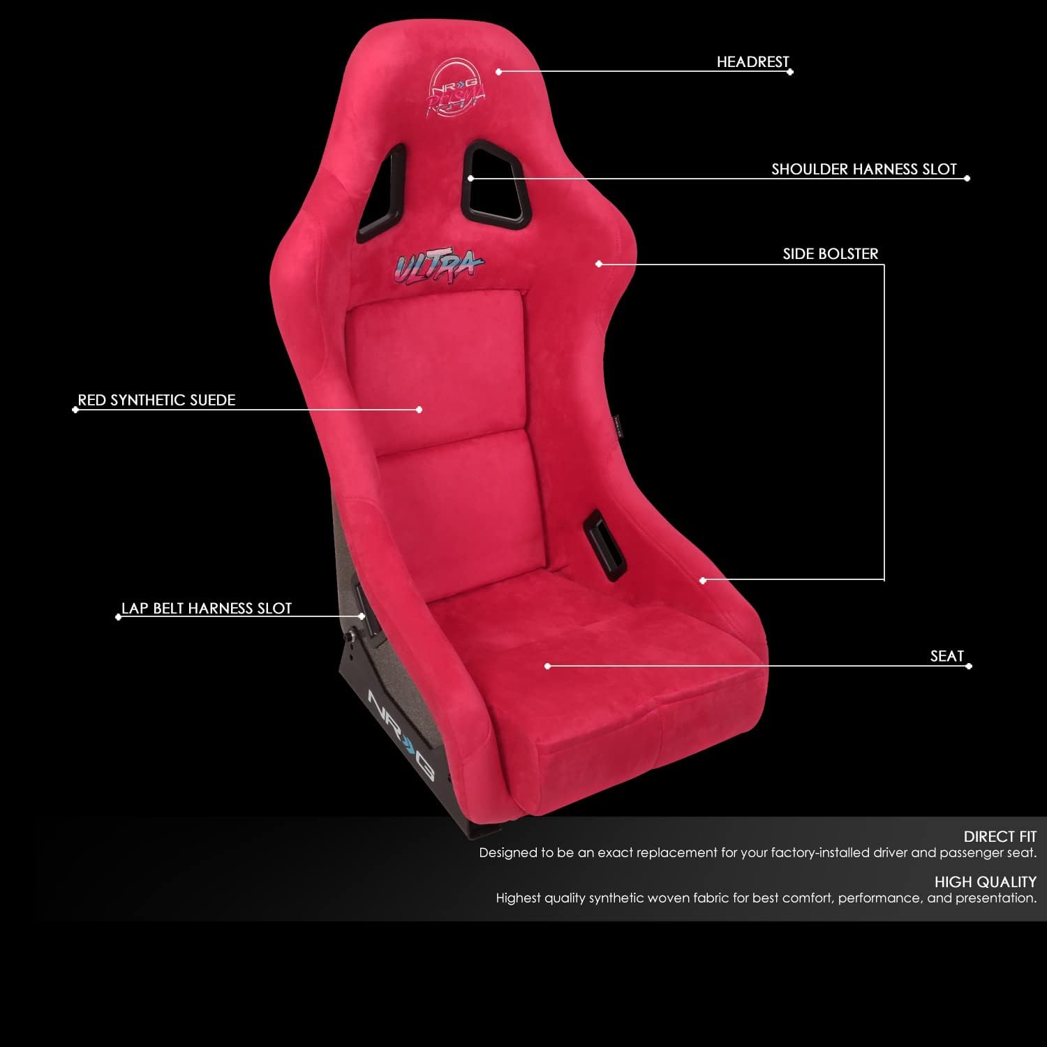 NRG Innovations NRG-FRP-303RD-ULTRA Universal Fixed Back Bucket Racing Seat with Side Mount Adapters for 6-Point Harnesses, Size M, Red Seat Cover, 22" W X 34" H X 21" D