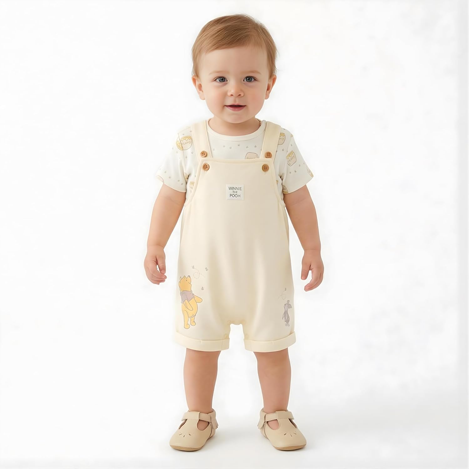 Disney Winnie the Pooh Baby Boys French Terry Shortall Overalls with Shirt 2-Piece Set for Infant