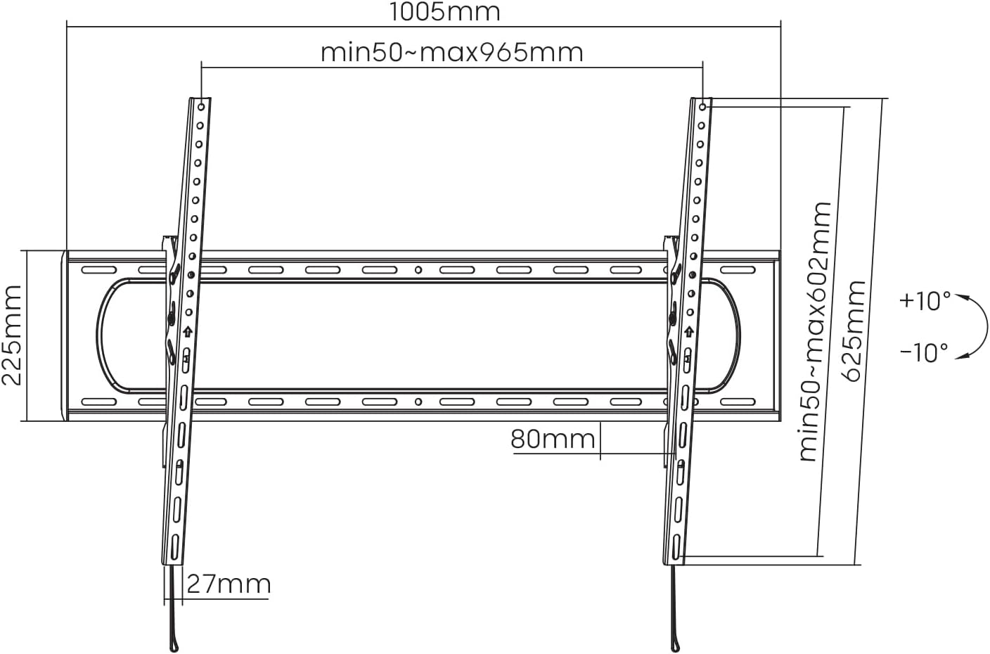 Technical drawing of Maclean MC-750N TV wall mount with dimensions