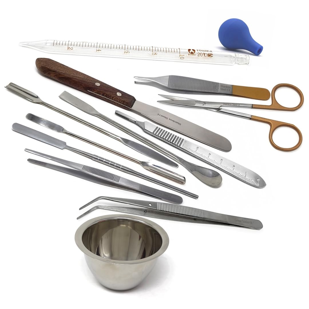 Multifunction Scientific Lab Tools Kit Biology Chemistry Set includes Stainless Steel Micro Sampling Spoon Scoop Spatulas, Forceps, Scissors, Scalpel Handle, Glass Pipette, Mixing Cup - 12Pcs