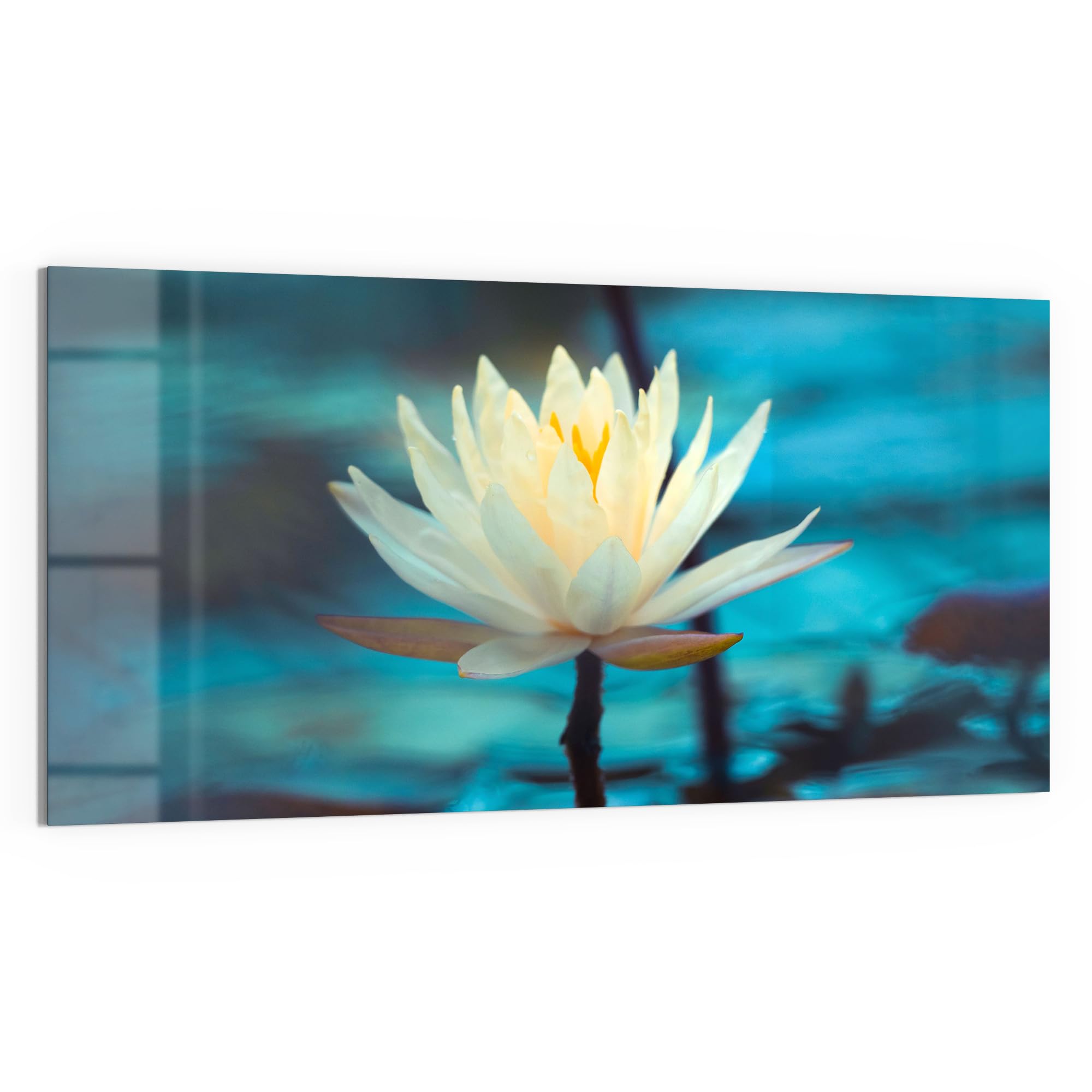 DEQORI Quadro in vetro vero | Motivo ninfee serenità | orizzontale unico pezzo 100 x 50 cm | bella decorazione da parete per soggiorno, camera da letto, corridoio e cucina | moderna decorazione da