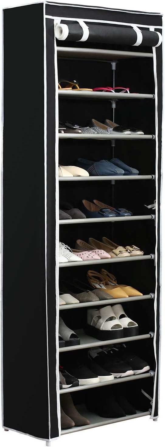 Function Home 10-Tier Shoe Rack with Dustproof Cover 30 Pair Shoe Organizer Shoe Rack Tower Zippered Storage Shoe Cabinet Ideal for Hallway Corridor (Black)